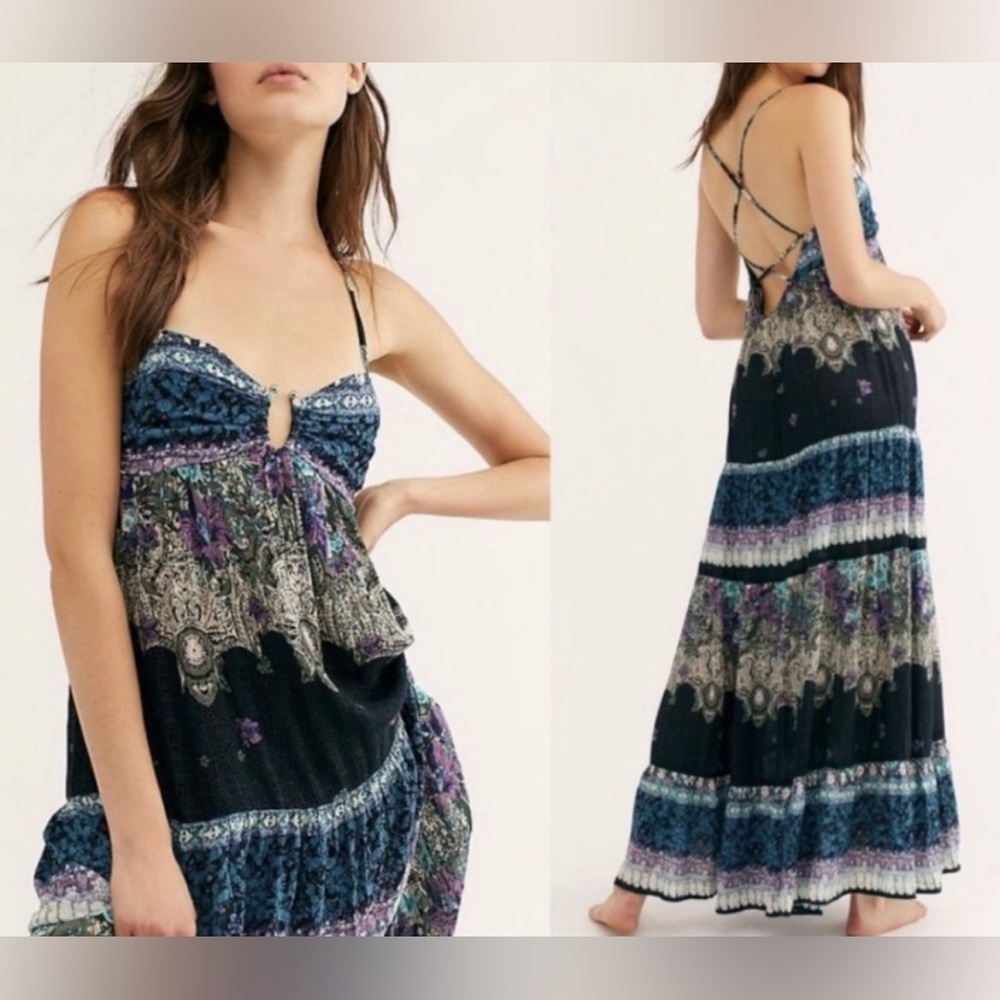 Free People Give A Little Maxi Boho Dress Blue Purple Paisley Size Medium